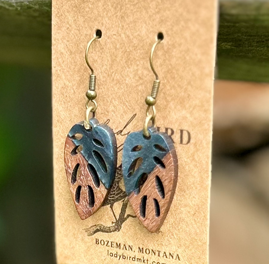Walnut Wood & Black Resin Leaf Earrings