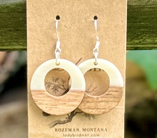 Walnut Wood & White Resin Hoop Earrings