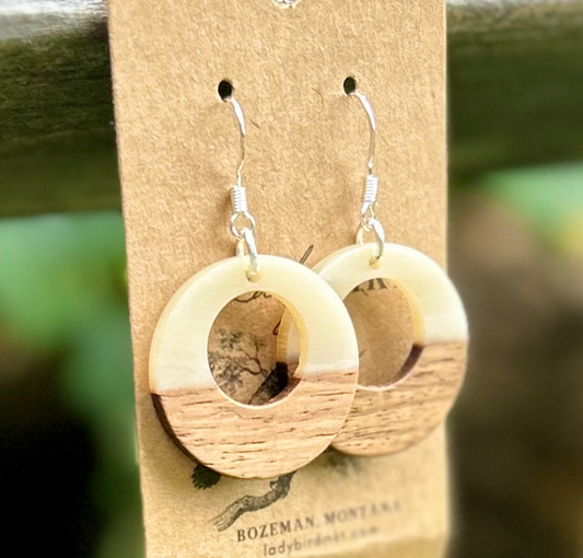 Walnut Wood & White Resin Hoop Earrings