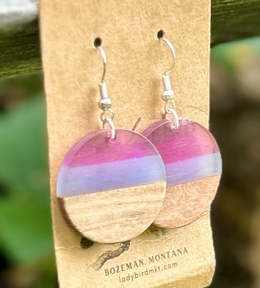 Walnut Wood & Purple Mixed Resin Circle Earrings