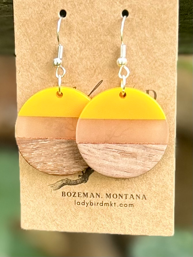Wood & Yellow Mixed Resin Circle Earrings