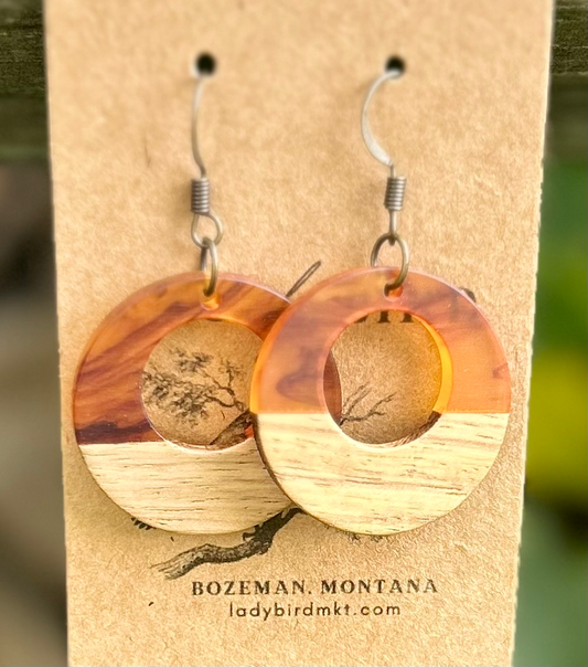 Walnut Wood & Amber Resin Hoop Earrings