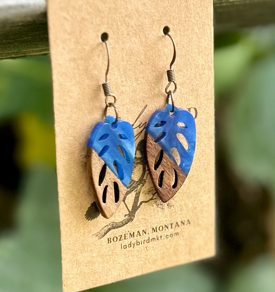 Walnut Wood & Royal Blue Resin Leaf Earrings