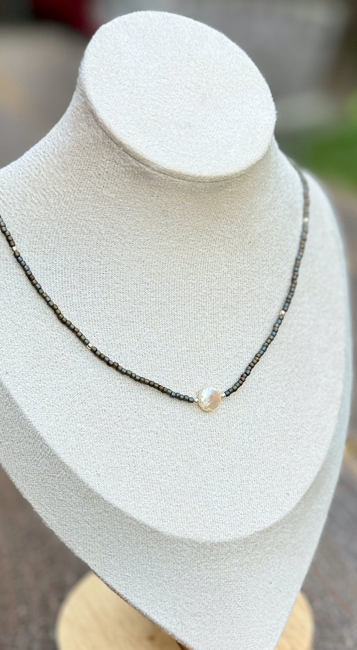 Rainbow Grey Seed Bead & Freshwater Pearl Coin Necklace | Lady Bird Jewelry