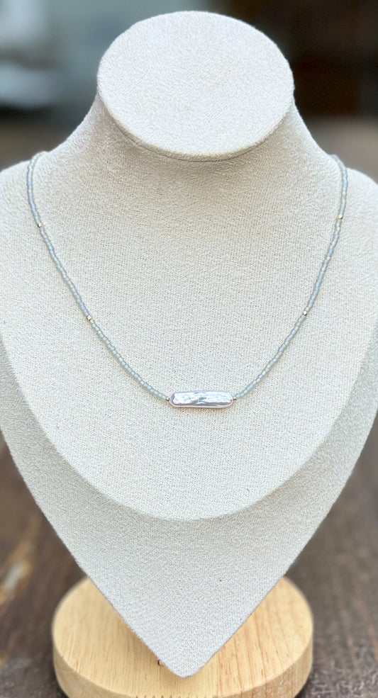 Opal Rainbow Seed Bead & Freshwater Pearl Bar Necklace | Lady Bird Jewelry