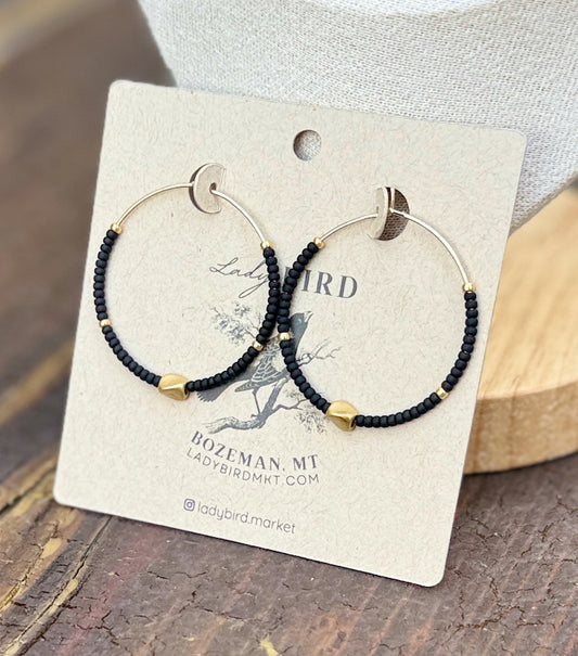 Jet Black & Wavy Gold Boho Style Seed Bead Hoop Earrings