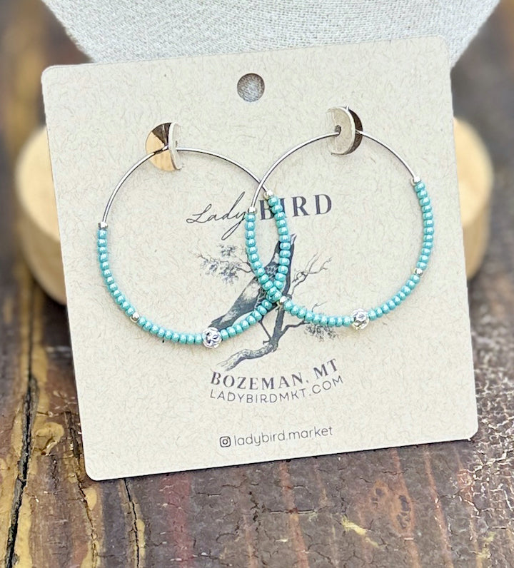Baby Blue & Silver or Gold Lattice Boho Style Seed Bead Hoop Earrings