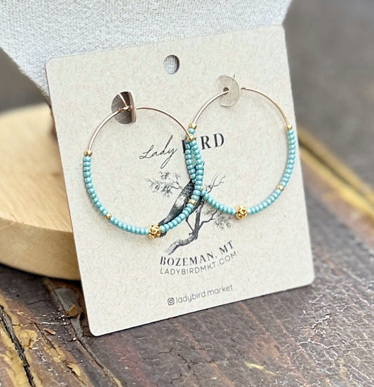Baby Blue & Silver or Gold Lattice Boho Style Seed Bead Hoop Earrings