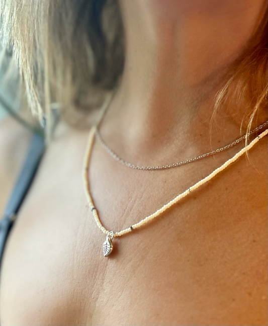 Creamy White Stretchy Seed Bead Necklace with Silver Leaf Charm