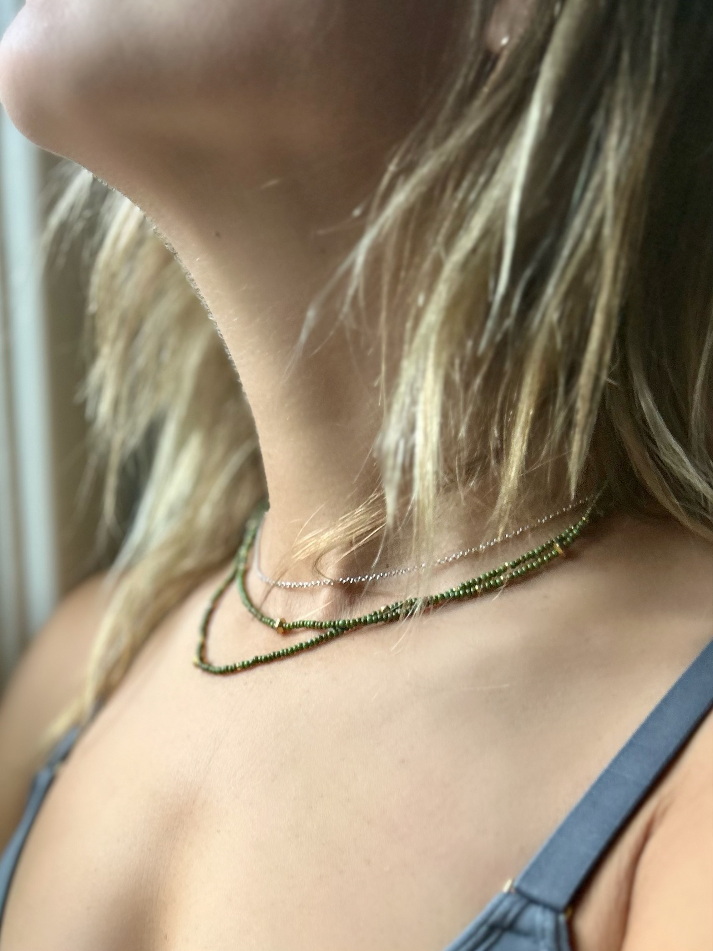 Olive Green Gold or Silver Striped Beaded 5-Wrap Bracelet