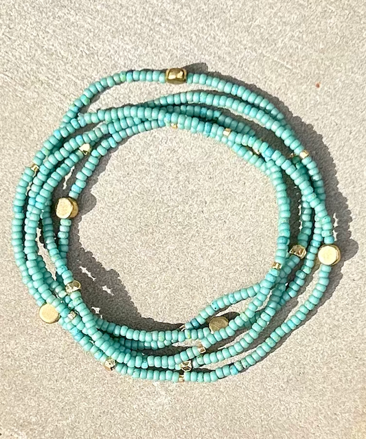Sage Green Silver or Gold Sprinkled Beaded 5-Wrap Boho Bracelet