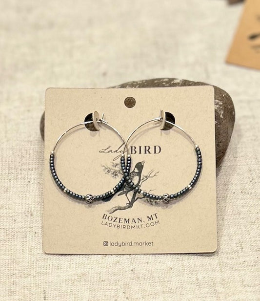 Steel Grey & Gold or Silver Lattice Beaded Hoop Earrings