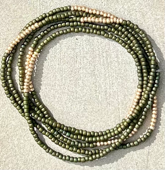 Olive Green Gold or Silver Striped Beaded 5-Wrap Bracelet