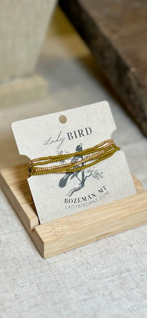 Burnt Yellow & Gold or Silver Striped Seed Bead Boho Wrap Bracelet