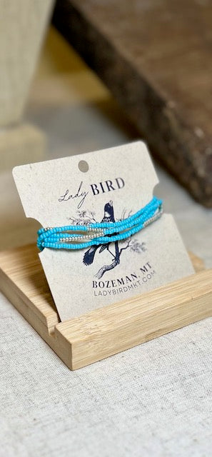 Sky Blue Silver or Gold Striped Beaded 5-Wrap Boho Stacked Bracelet