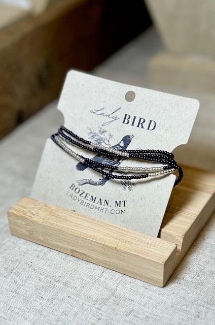 Navy Blue & Silver or Gold-Striped Beaded 5-Wrap Bracelet