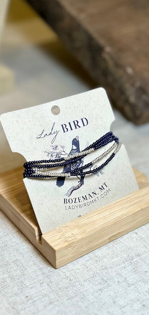 Navy Blue & Silver or Gold-Striped Beaded 5-Wrap Bracelet
