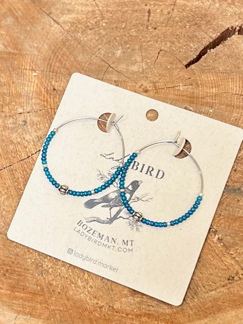 Sapphire Blue Decorative Silver Beaded Hoop Earrings – Lady Bird