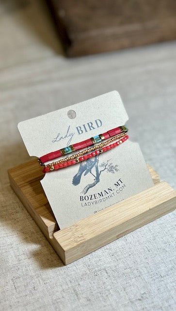 Turquoise & Brick Red on Red Silver or Gold Tila Bead Stacked Bracelet Set