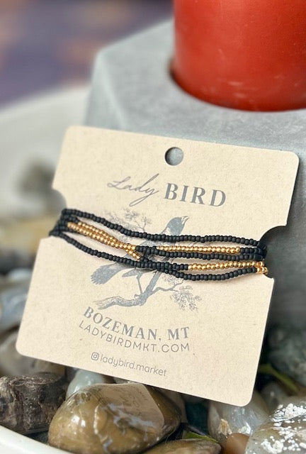 Jet Black & Gold Striped Beaded Boho Wrap Stacked Bracelet