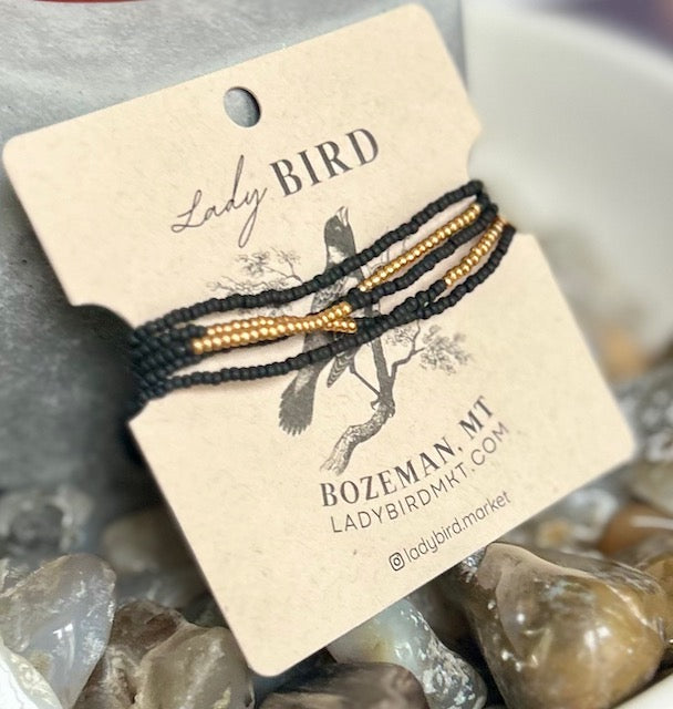 Jet Black & Gold Striped Beaded Boho Wrap Stacked Bracelet