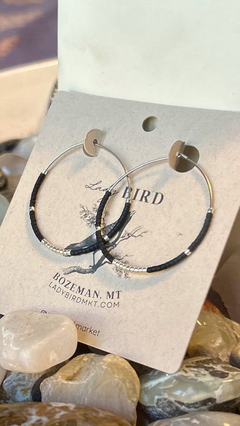 Minimalist Black & Silver or Gold Boho Seed Beaded Hoop Earrings