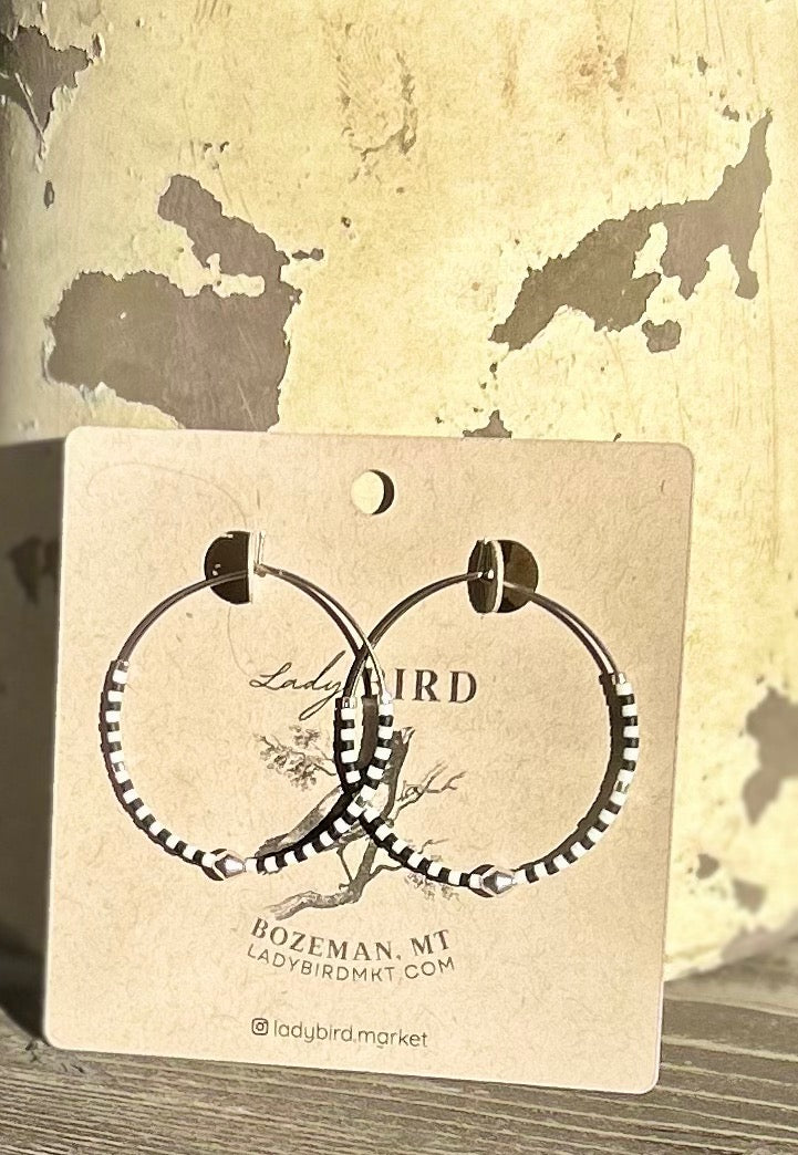 Black & White Dotted Gold or Silver Beaded Hoop Earrings