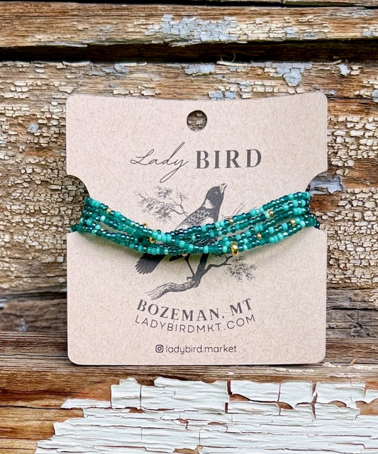 Turquoise Teal Mixed Seed Bead Wrap Bracelet/Necklace with Silver or Gold Accents