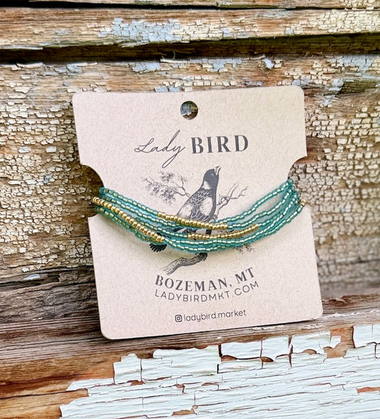 Glowing Green Gold or Silver Striped Seed Bead Wrap Bracelet/Necklace