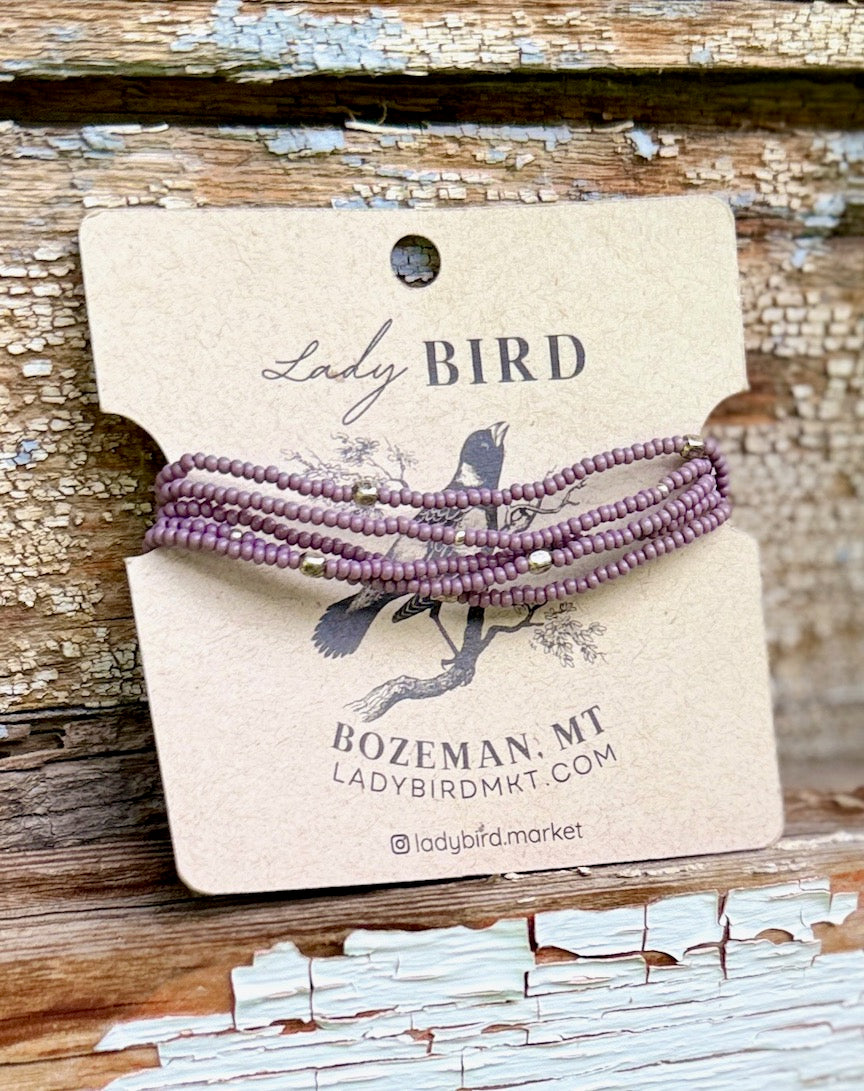 Dusky Violet Pale Lilac Seed Bead 5-Wrap Bracelet or 2x Necklace – Gold or Silver