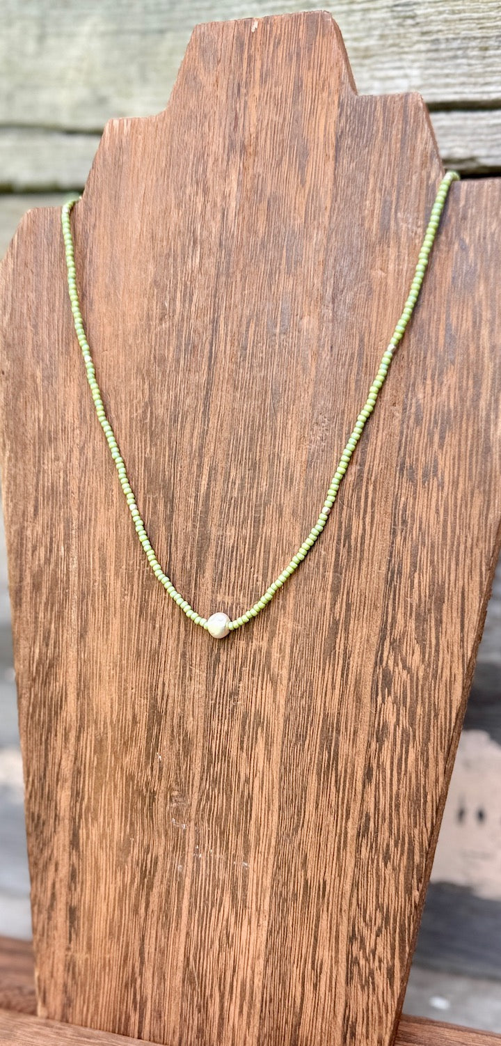 Melon Mist Pale Green Brushed Gold or Silver Pea Stretchy Seed Bead Necklace