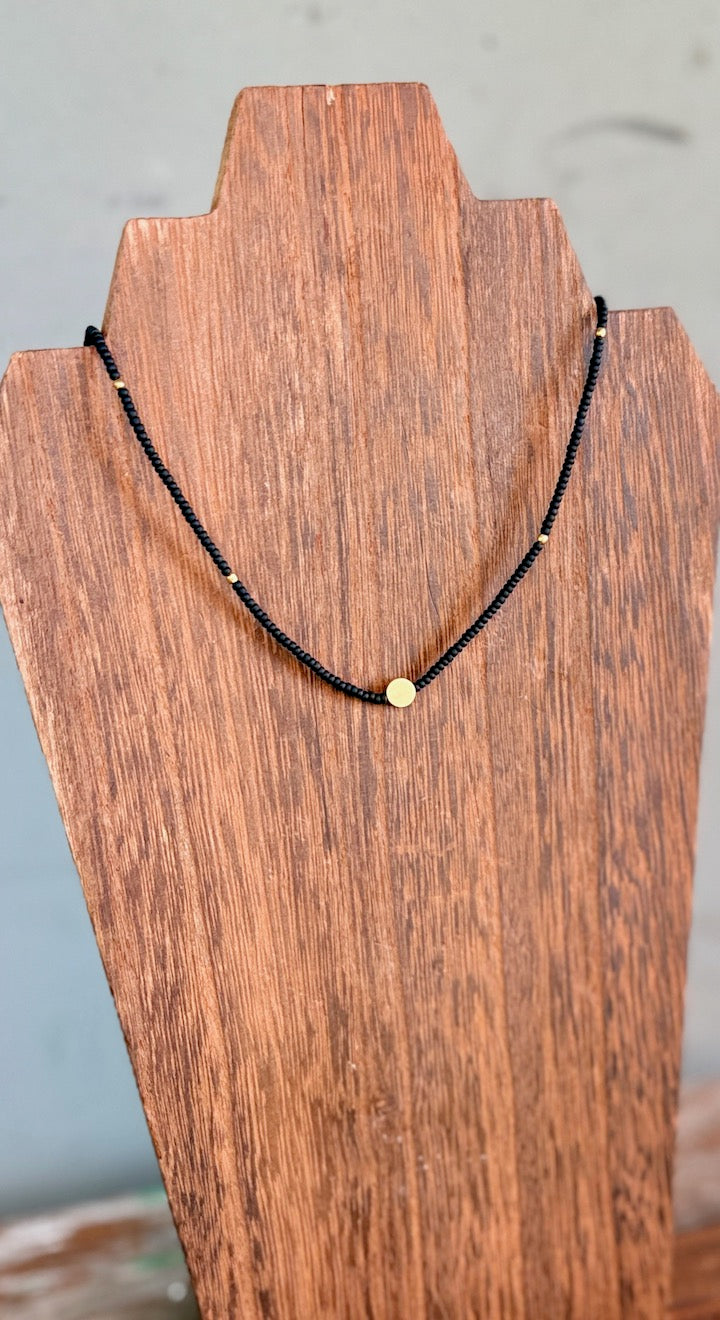 Jet Black Stretchy Seed Bead Necklace with Gold Full Moon