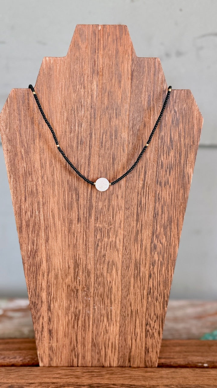 Jet Black Stretchy Seed Bead Necklace with Freshwater Pearl Coin