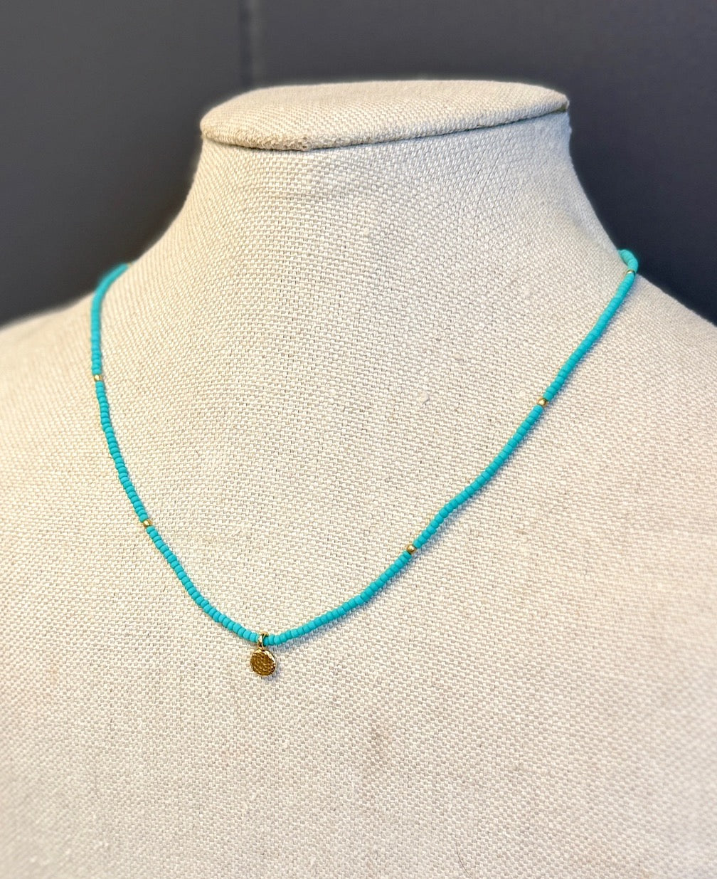 Turquoise Seed Bead Pendant Necklace with Stamped Gold or Antique Silver Circle Charm