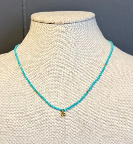 Turquoise Seed Bead Pendant Necklace with Stamped Gold or Antique Silver Circle Charm