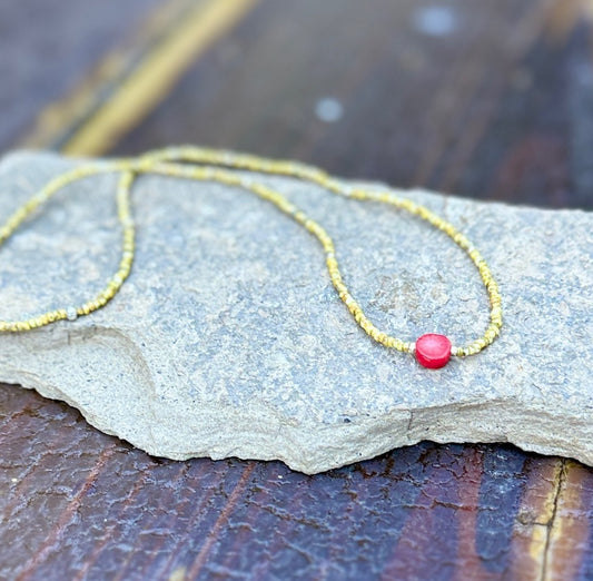 Speckled Beige Seed Bead Necklace with Red Coral Gemstone Pendant - Silver or Gold