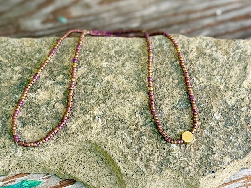 Copper Rainbow Seed Bead Necklace with Gold Full Moon Charm