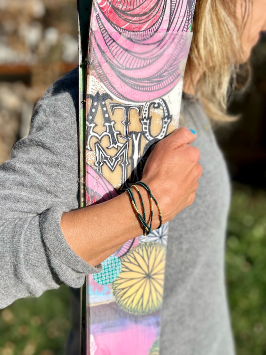 Pine Green & Gold-Striped Beaded 5-Wrap Bracelet