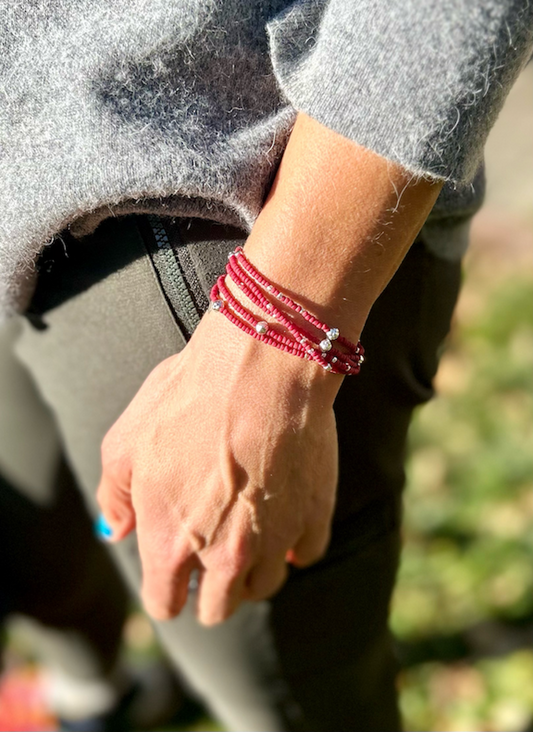 Cherry Red Chunky Gold or Silver Sprinkled Beaded Wrap Bracelet or Necklace