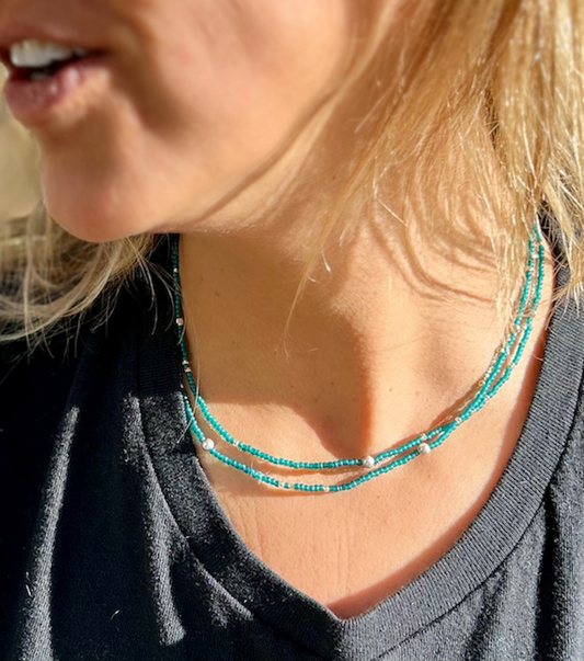 Turquoise & Chunky Gold or Silver Boho Beaded Wrap Bracelet or Necklace