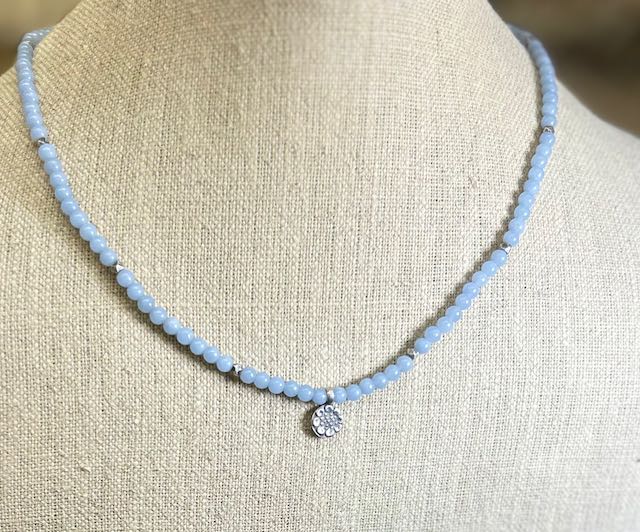 Angelite Gemstone Stretchy Necklace – Boho Western Jewelry with Stamped Sterling Silver Flower Pendant