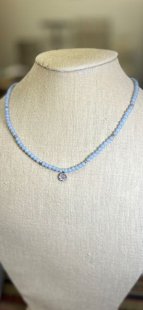 Angelite Gemstone Stretchy Necklace – Boho Western Jewelry with Stamped Sterling Silver Flower Pendant