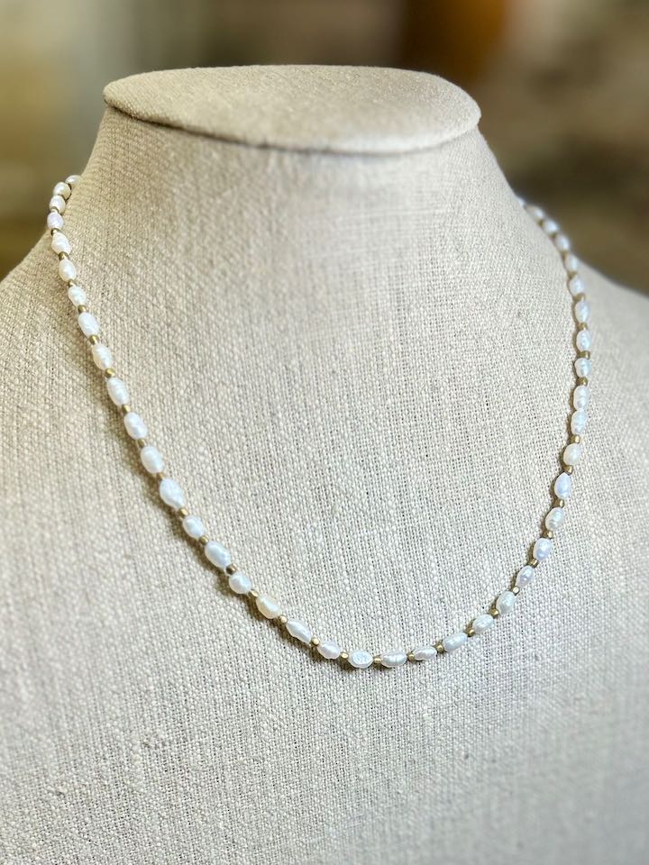 Classic Freshwater Rice Pearl Silver or Gold Necklace