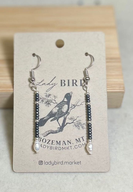Steel Gray Seed Bead & Freshwater Pearl Dangle Earrings