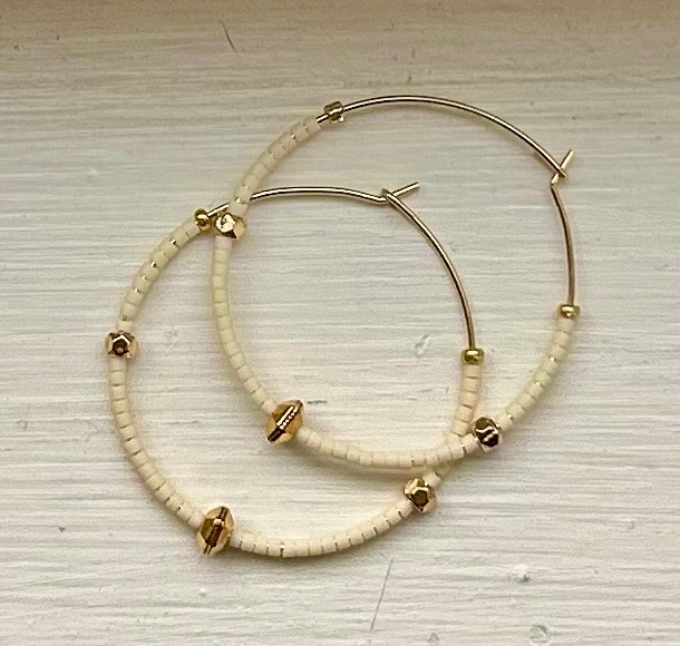 Creamy White & Bold Gold Beaded Hoops