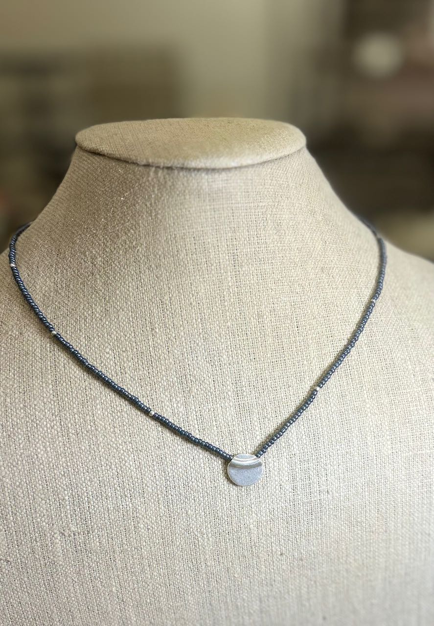 Steel Gray Boho Beaded Necklace with Pure Silver Circle Pendant