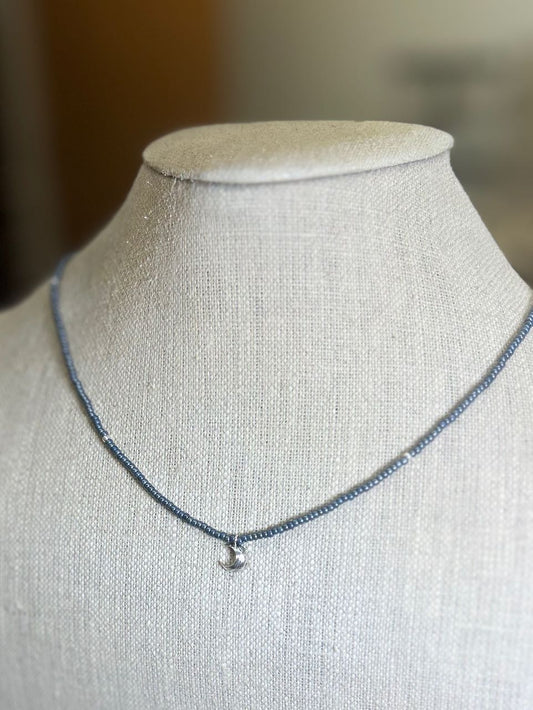 Steel Gray Boho Beaded Necklace with Silver Moon Charm