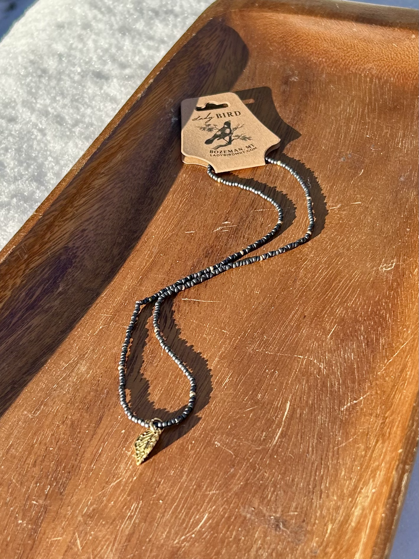 Steel Grey & Gold Boho Seed Bead Necklace, Leaf Pendant