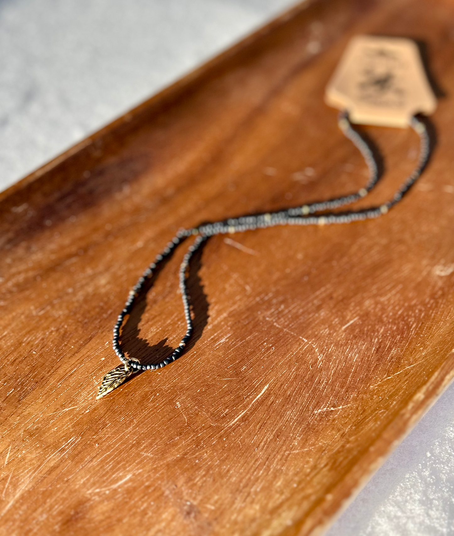 Steel Grey & Gold Boho Seed Bead Necklace, Leaf Pendant