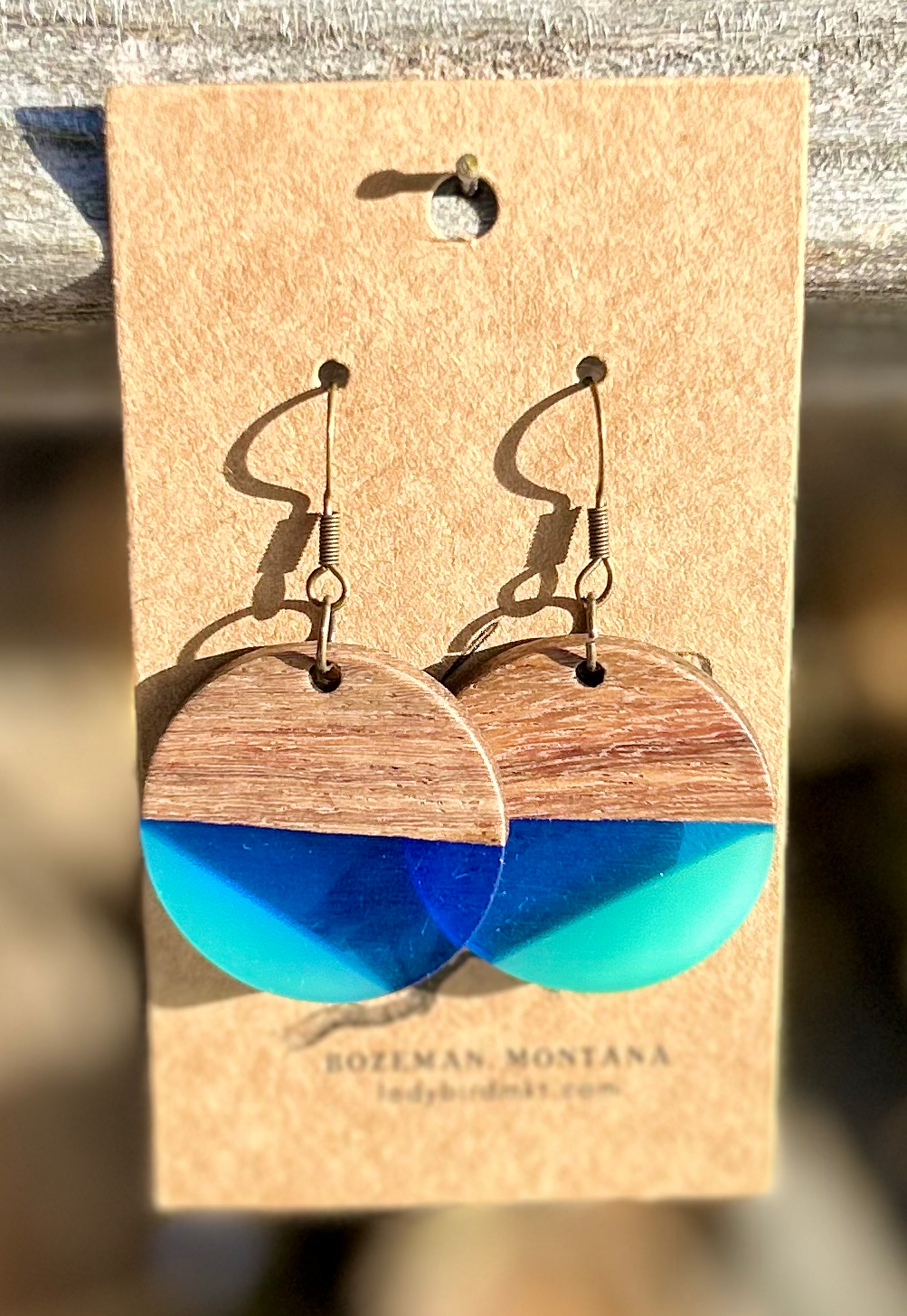 Walnut Wood & Blues Mix Resin Circle Earrings